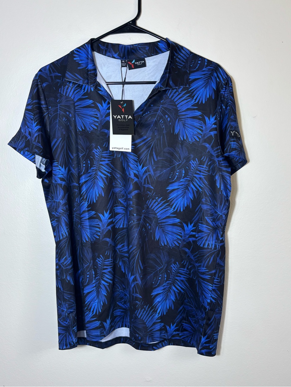 Women’s Yatta Golf Shirt Blue Tropical Leaf Pattern New
